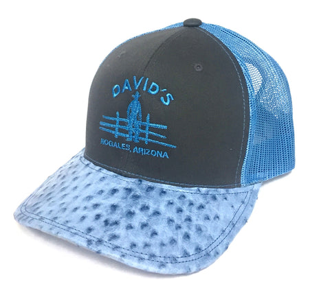Charcoal/Neon blue cap with light blue half quill ostrich visor