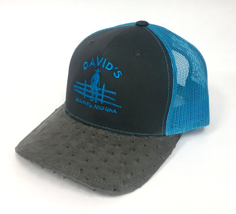 Charcoal/Neon blue cap with serpentine half quill ostrich visor
