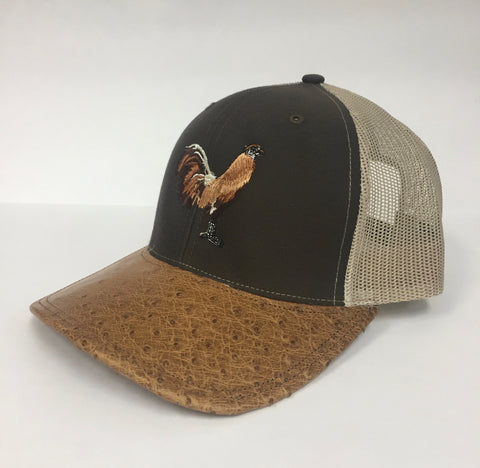 Brown/khaki cap with antique saddle md half quill ostrich visor (rooster design)