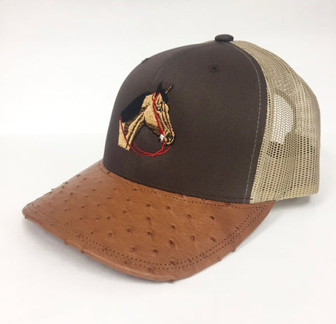 Brown/khaki cap with brandy md half quill ostrich visor (horse head design)
