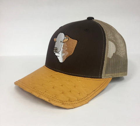 Brown/khaki cap with buttercup half quill ostrich visor (steer head design)