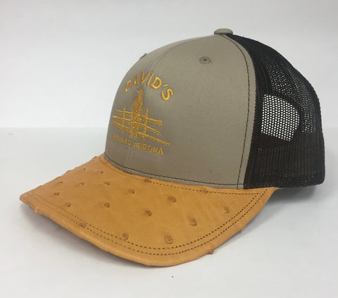 Khaki/Coffee cap with buttercup full quill ostrich visor