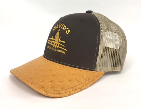 Brown/Khaki cap with buttercup half quill ostrich visor