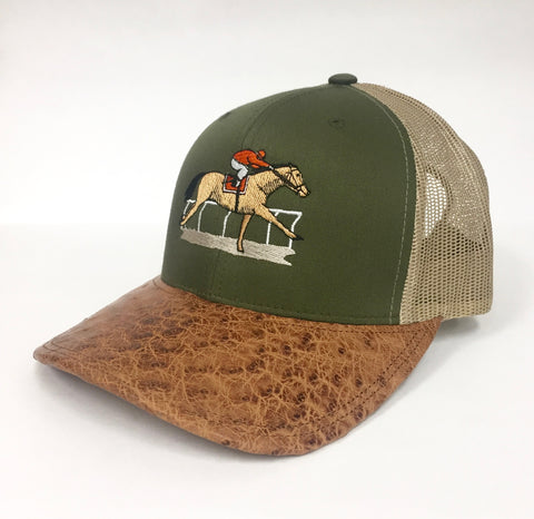 Moss/khaki cap with AntiqueSaddle cc half quill ostrich visor