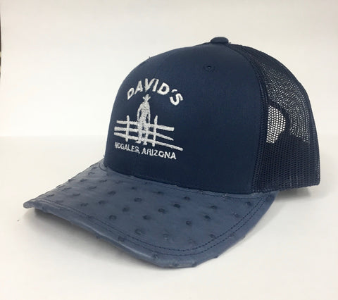 Navy cap with blue jean full quill ostrich visor