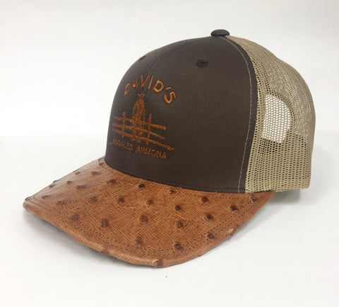 Brown/khaki cap with brandy cc full quill ostrich visor