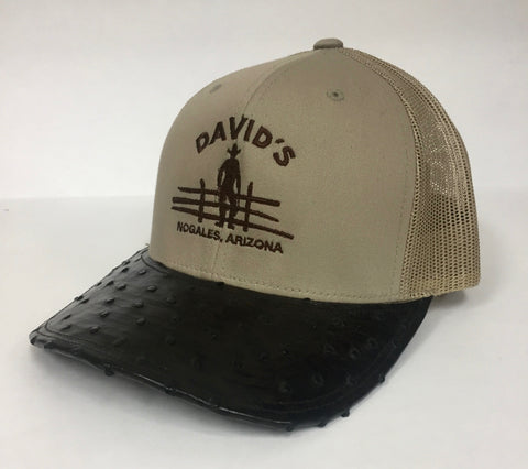 Beige cap with nicotine full quill ostrich visor