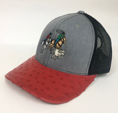 Heather Grey/Black cap with red full quill ostrich visor