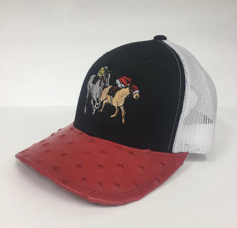 Black/White cap with red full quill ostrich visor