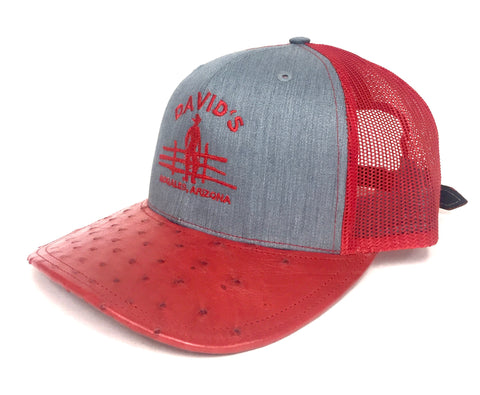 Heather Grey/Red cap with red half quill ostrich visor